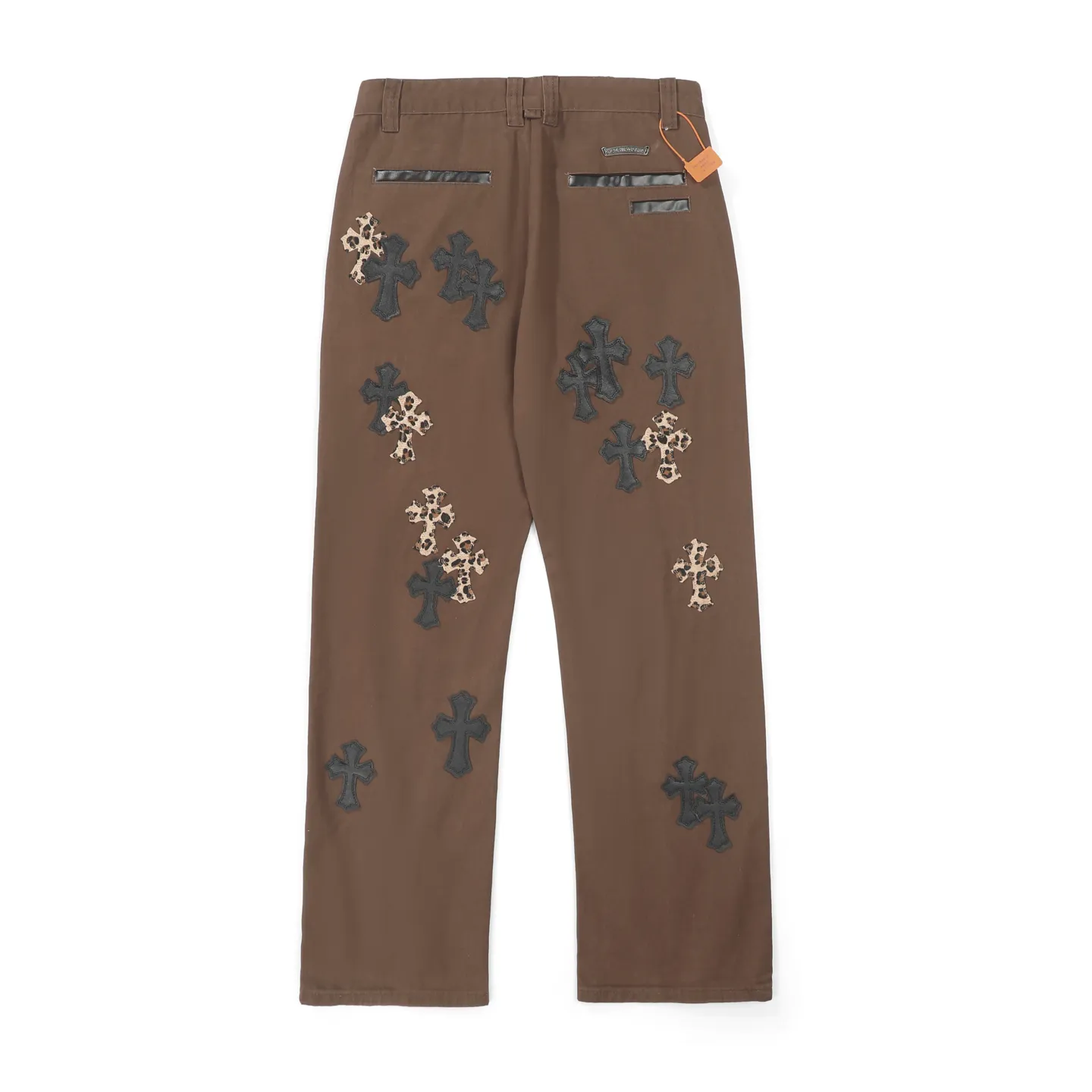 P260 Chrome Hearts/Chrome Hearts leopard print checkerboard horsehair cross patch leather jeans - Full of exploring the ultimate in fashion, Chrome Hearts' new Chrome Hearts pants cleverly integrate camouflage cross, checkerboard horsehair cross and other elements to break the traditional boundaries. The clever fusion of Mattyboy’s same style, overalls and khaki jeans brings endless matching inspiration to fashionistas.  This pair of Croxin overalls not only presents a unique retro style, but also combines comfort and sophistication with its wide-leg, loose design. The mid-high waist design matches a lazy and casual style, which not only makes the legs longer but also maintains a casual feel, it is a must-have fashion choice for trendy men and trendy women.  Brown overalls are unique in leather matching and color selection, making them the leader among overalls. Chrome Hearts' khaki cross chino casual pants have a prince-like aristocratic feel. The pants have 40 panels of leather and full texture. The W34 size is perfectly presented and has become the focus of the forefront of fashion. Whether it's for daily wear or a trendy try, these pants can bring you an excellent fashion experience.  Color: brown Size: 28 30 32 34 corresponding size s-xl